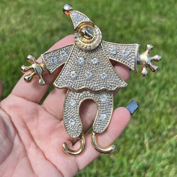 Vintage Gold Tone & Rhinestone Dancing Clown Pin Brooch With Movable Legs - Picture 1 of 5